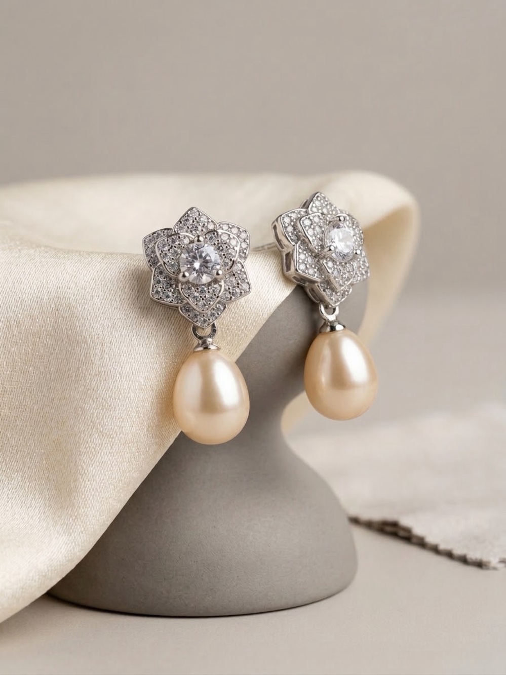 Authentic NEW Freshwater Pearl Drop Floral Earrings in Champagne & White Gold